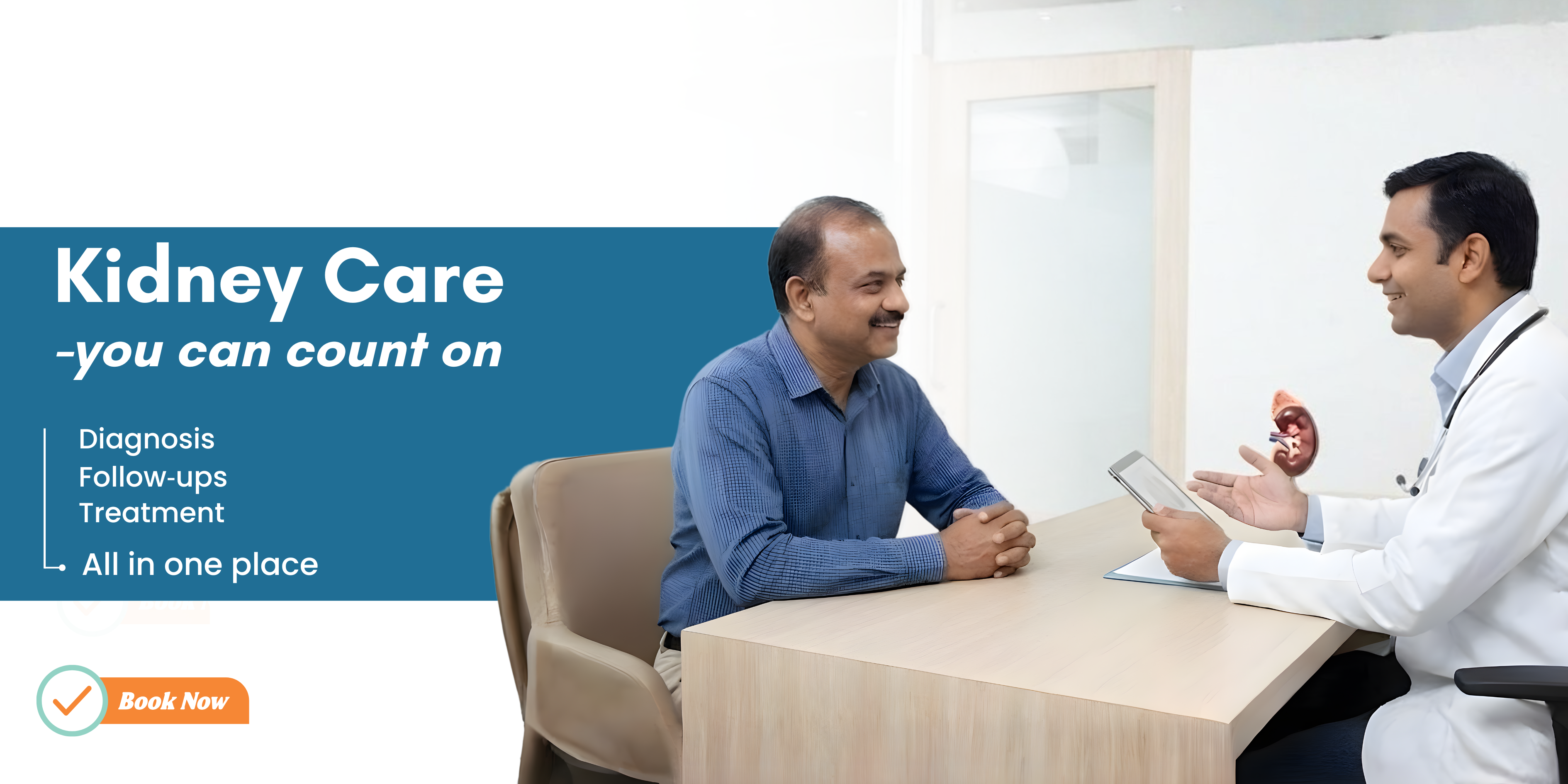 Nephrologist explaining kidney health and treatment options to a patient during a consultation at a specialized kidney care clinic.